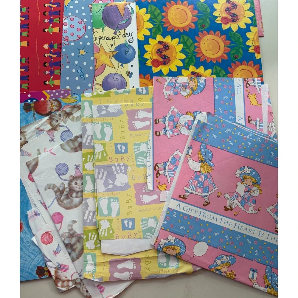 Lot Vintage Gift Kids Wrapping Paper Sheets 70s-90s Holly Hobbie Kittens Angels